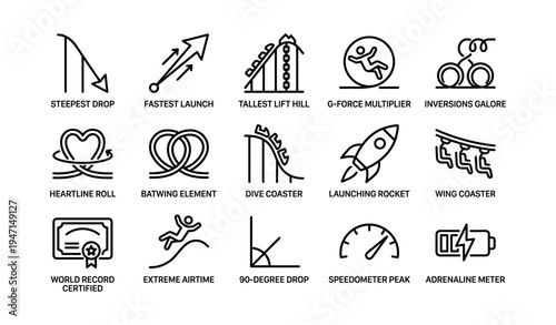 Roller coaster icons highlighting thrills and speed metrics with exciting features