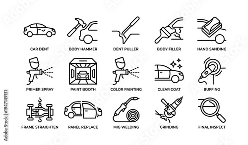 Car repair and painting process illustrated with icon set