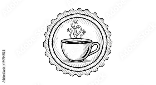 Steaming hot coffee cup in a vintage badge illustration. Hand-drawn retro sketch style graphic for cafe and beverage themes.