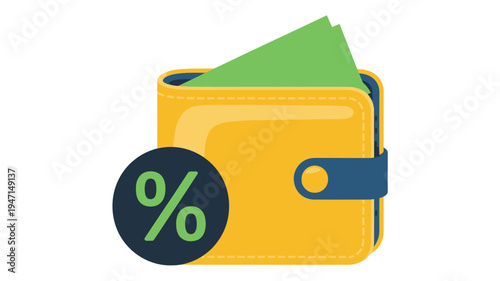 Discount Yellow Wallet with Green Banknotes and Percentage Sign, Isolated on White, Flat Design Icon