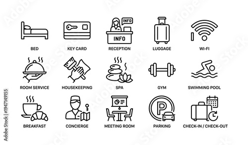 Hotel services icons: reception, wi-fi, spa, gym, pool, parking, more