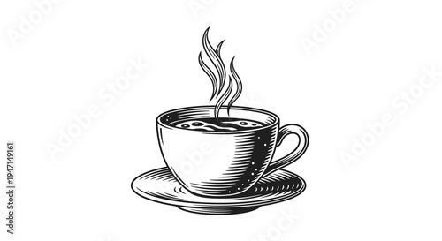 Vintage woodcut illustration of a steaming hot cup of coffee or tea on a saucer, black and white engraved beverage icon