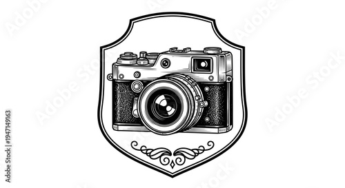 Vintage film camera in a classic heraldic shield illustration. Retro photography emblem, black and white, hand-drawn style.