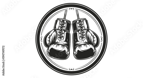 Vintage Boxing Gloves Hanging Illustration in Circular Frame. Retro Combat Sport Emblem Design, Symbol of Strength and Fitness Training.