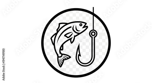 Simple Black Outline Icon of a Fish Caught on a Fishing Hook with Line in a Circle Symbol