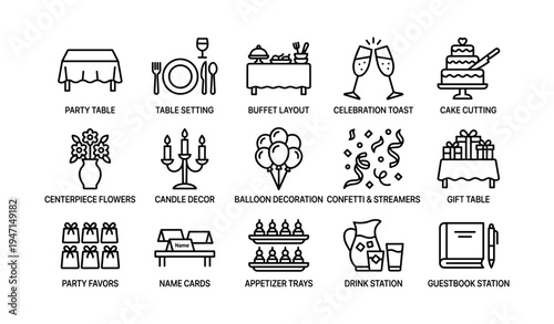 Event symbols including celebration toast, confetti streamers, centerpiece flowers and appetizer trays
