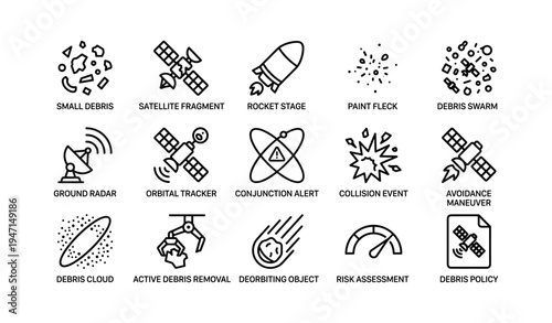 Space debris icons: satellite, rocket, radar, collision, maneuver, debris, conjunction, assessment