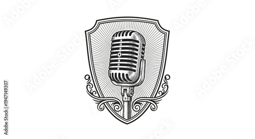 Retro Vintage Microphone in Ornate Shield Emblem. Classic Audio Recording and Broadcasting Equipment Engraved Illustration for Design