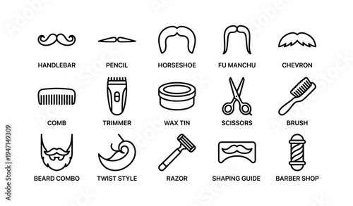 Icon set of beard and mustache styles with grooming tools