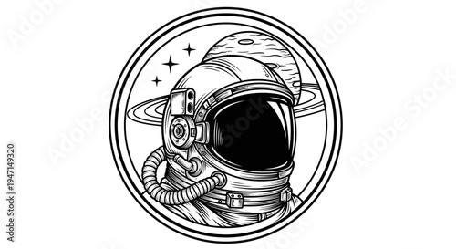 Vintage Astronaut Helmet Illustration with Planet and Stars in Space - Retro Sci-Fi Line Art Design