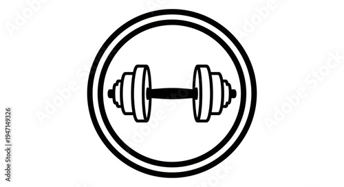 Monochrome dumbbell icon in a double circle, symbolizing fitness, gym workout, strength training, and exercise equipment vector graphic.
