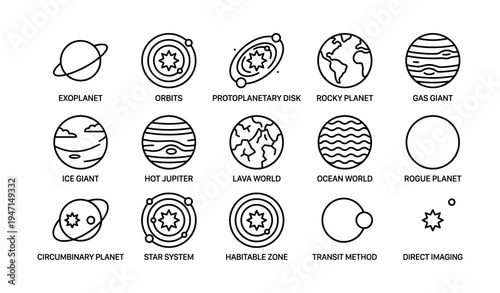 Illustrated symbols of various planet types and orbital characteristics