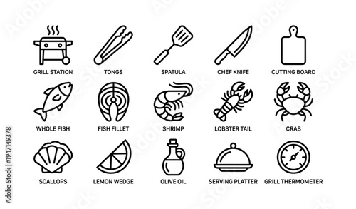 Outline icons of seafood and grill tools including knife, shrimp, fish, and spatula