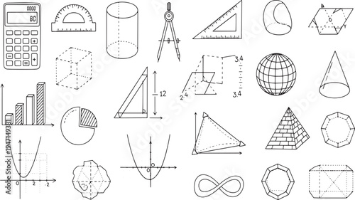 Mathematics geometry education supplies and school science elements with formulas diagrams calculations and shapes hand drawn vector illustration doodle art