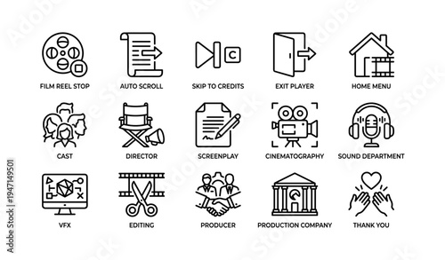 Icons representing film production processes and roles in cinema industry