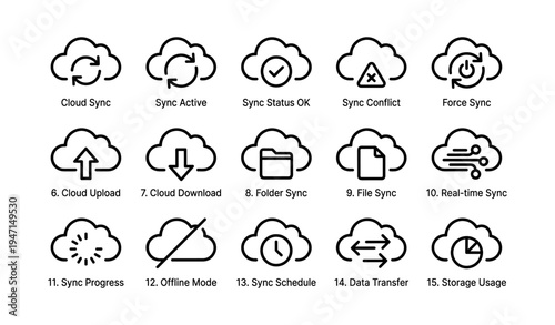Cloud sync icons illustrating various syncing and storage functions with symbols