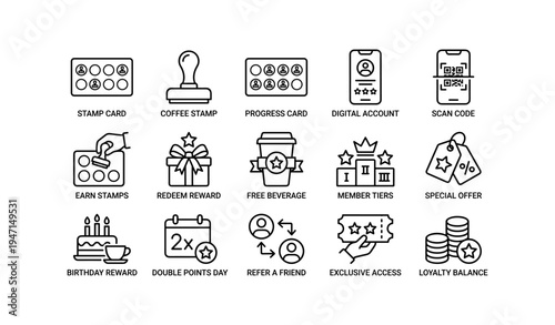 Loyalty program icons for rewards and discounts with stamps and points
