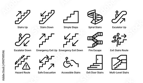 Stair symbols and icons including escalators, emergency exits, and accessibility
