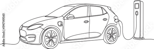 Continuous line drawing of a modern electric car charging at a power station for sustainable green energy travel hand-drawn vector illustration