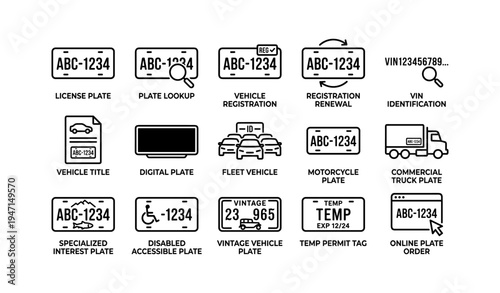 License plate types and vehicle registration icons collection