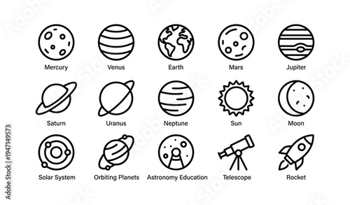 Planetary icons featuring solar system, planets, sun, moon, telescope and rocket