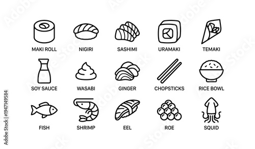 Japanese cuisine icons: sushi, sashimi, soy sauce, wasabi, chopsticks