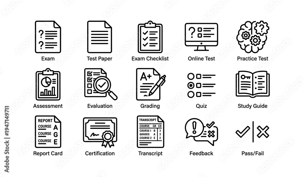 Fototapeta premium Educational icons set featuring exam, grading, online test, certification, feedback, study guide