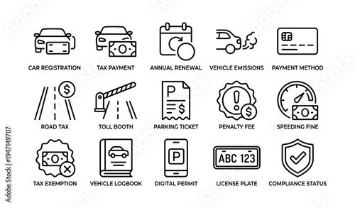 Vehicle management and compliance icons featuring taxes, permits, and emissions
