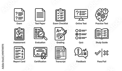 Educational icons set featuring exam, grading, online test, certification, feedback, study guide