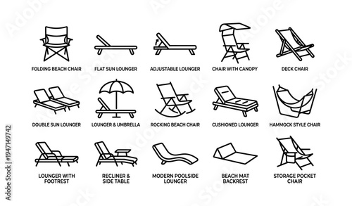 Variety of outdoor beach chairs and loungers with different designs