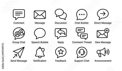 Communication icons set with chat, message, notification, and feedback symbols