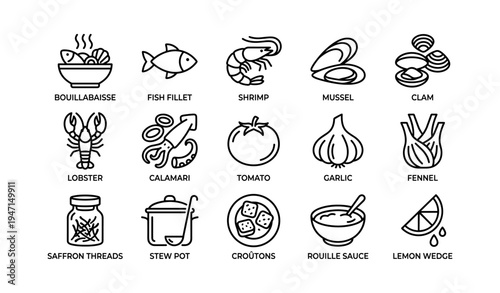 Line art illustrations of seafood dishes and ingredients