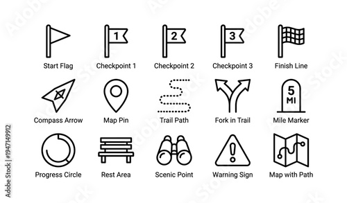 Trail map icons: flags, checkpoints, path signs, and trail navigation symbols
