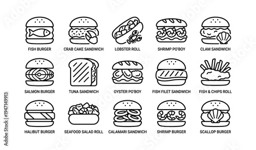 Variety of seafood sandwich icons including lobster, shrimp, and fish burgers
