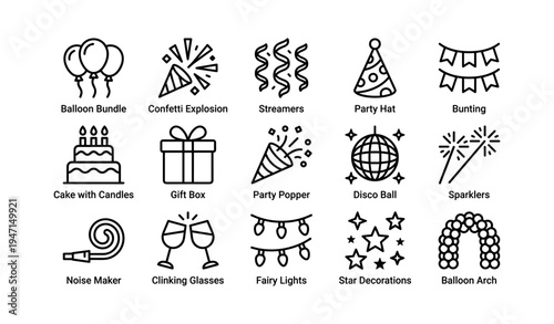 Festive icon collection: balloons, streamers, party hat, cake, gift box, disco ball, sparklers