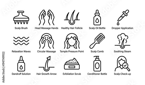 Haircare icons: scalp massage, hair health, oil application, hair growth