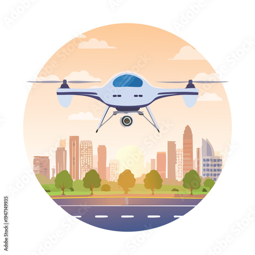 Drone flying over cityscape delivering package during sunrise illustration