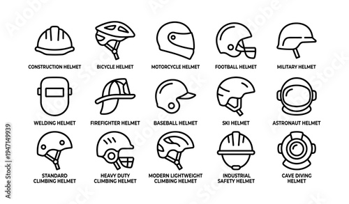 Different types of helmets: bicycle, motorcycle, military, and more illustrated