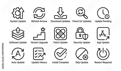 System update icons: download, security, version, patch, installation