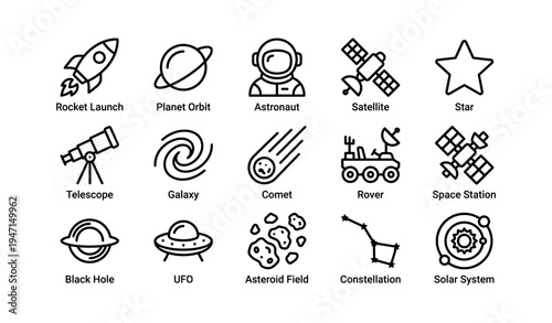 Space exploration icons: rocket, astronaut, satellite, galaxy, solar system