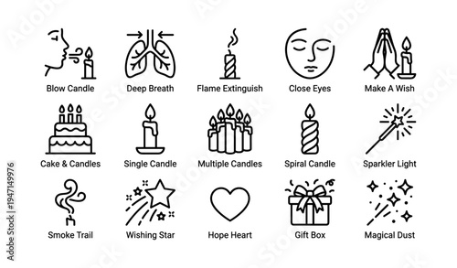 Black line icons of candles wishes and festive symbols for celebrations