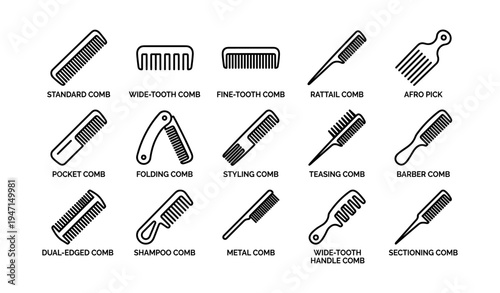 Various types of combs and brushes for hair styling and care