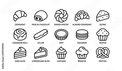 Assorted bakery icons featuring croissant, danish, scone, and more pastries