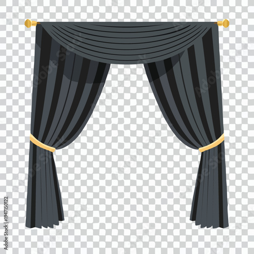 Elegant black curtain illustration on transparent background for design