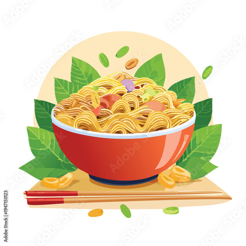 Delicious noodles in red bowl with chopsticks vector illustration