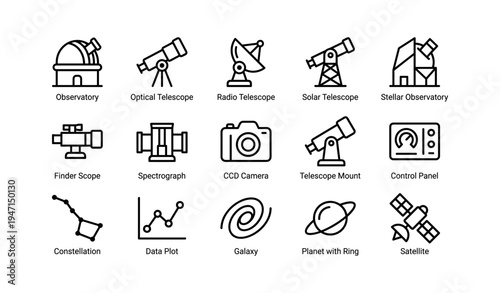 Astronomy equipment icons: telescopes, observatories, and celestial tools