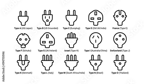 Global electrical plug types for international compatibility and design