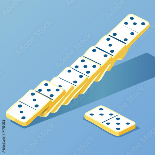 Dominoes arranged in a diagonal row on a vibrant blue surface