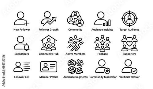 Social media icons representing followers, community, audience insights, and engagement