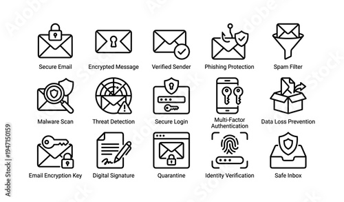 Cybersecurity icons: secure email, threat detection, spam filter, identity verification